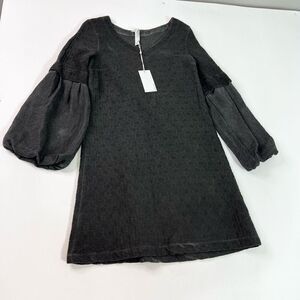 Amadi Lagenlook Mini Dress Women Medium black Balloon Sleeve V-Neck Pullover NWT
